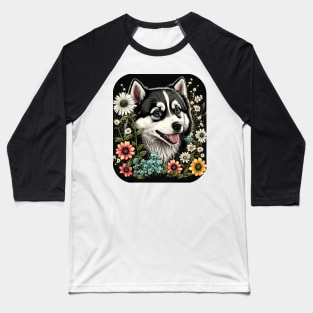 Alaskan Malamute Dog and Flowers Baseball T-Shirt